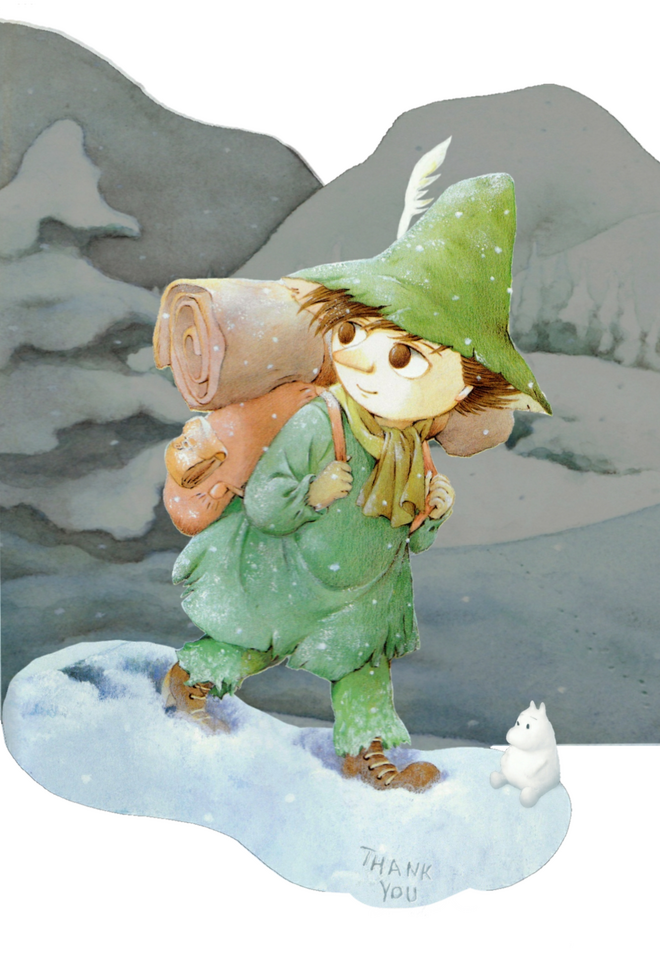 Snufkin from the series Moomin. He is wearing all green, smiling, hiking in the snowy mountians. Beside his foot is a small snow man shaped like his best friend Moomin, a white hippo-like creature. Words are carved in the snow that say "thank you".