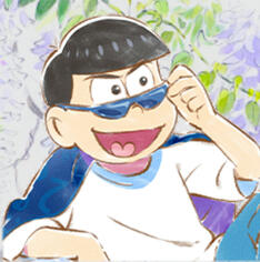 The character Karamatsu from the series Osomatsu. A human boy with black bowl cut hair. He is wearing sunglasses and has a cocky expression. The background has delicate blue flowers.