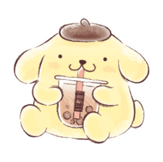 The Sanrio mascot Pom Pudding. He is a round chubby cream / tan colored dog with a brown beret. He is sitting drinking bubble tea with an idle expression.