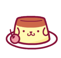 The Sanrio mascot Pom Pudding. He is usually in the shape of a dog. In this art he is in the shape of Japanese pudding upside down on a plate with a cherry. He has a cute expression with a smile.