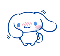 The Sanrio mascot Cinnamonroll. He is a white dog with long ears like a bunny, light blue eyes and a curled tail in the shape of a cinnamonroll. In this picture he is blushing sweetly.