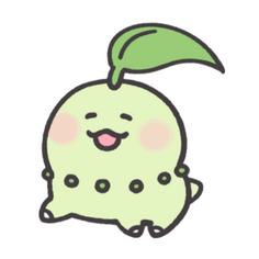 Chikorita from the video game series Poke-mon. She is light green and has a leaf sprouting from her head. In this image she is stylistically round and has red cheeks. She is smiling peacefully.