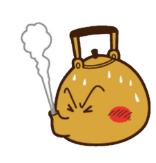 The character Teakettle from the series Coji Coji. He is a boy whose head is shaped like a round teapot. In this image he has his eyes scrunched closed as he shoots steam from the teaspout on his face. This is something he does when he's excited.