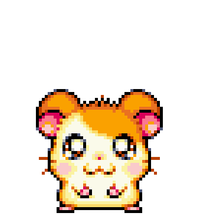 Ham-tar-roh, from the series of the same name. He is an orange and white hamster. He is round. He is jumping and smiling cutely with star effects beaming out around him.