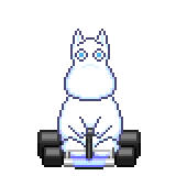 Moomin, from the series of the same name. He is a round and white hippo-like creature. He has blue eyes. He is riding in a blue go-kart. Rotating in circles. The artist is @ Toxicoow ( pronounced: toxic-cow. With one C. And two Oh's in Cow )