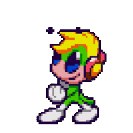 Tempo, a character from the video game series of the same name. He is an alien-looking insect. He has a stylistic design. He is wearing a green outfit with white boots. He has yellow hair and red ear-phones. He is doing a funky dance.