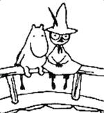 Black and white picture of Snufkin, a human-looking character with a tall hat and his best friend Moomin, a hippo-like creature from the Moomin series. They are sitting together peacefully on a bridge.