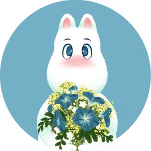 Commissioned art of the character Moomin from the series of the same name staring at the viewer. He is blushing and holding a bouquet of blue morning glories with smaller yellow and white flowers. The artist is bumblezee__ on Twitter.